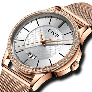 CIVO Slim Gold Mesh Stainless Steel Womens Quartz Watches